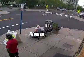 Woman thrown off a bench by a garbage truck meme template
