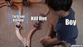 Boy solves the trolley problem meme template