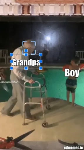 Grandpa kicks boy into the pool meme template
